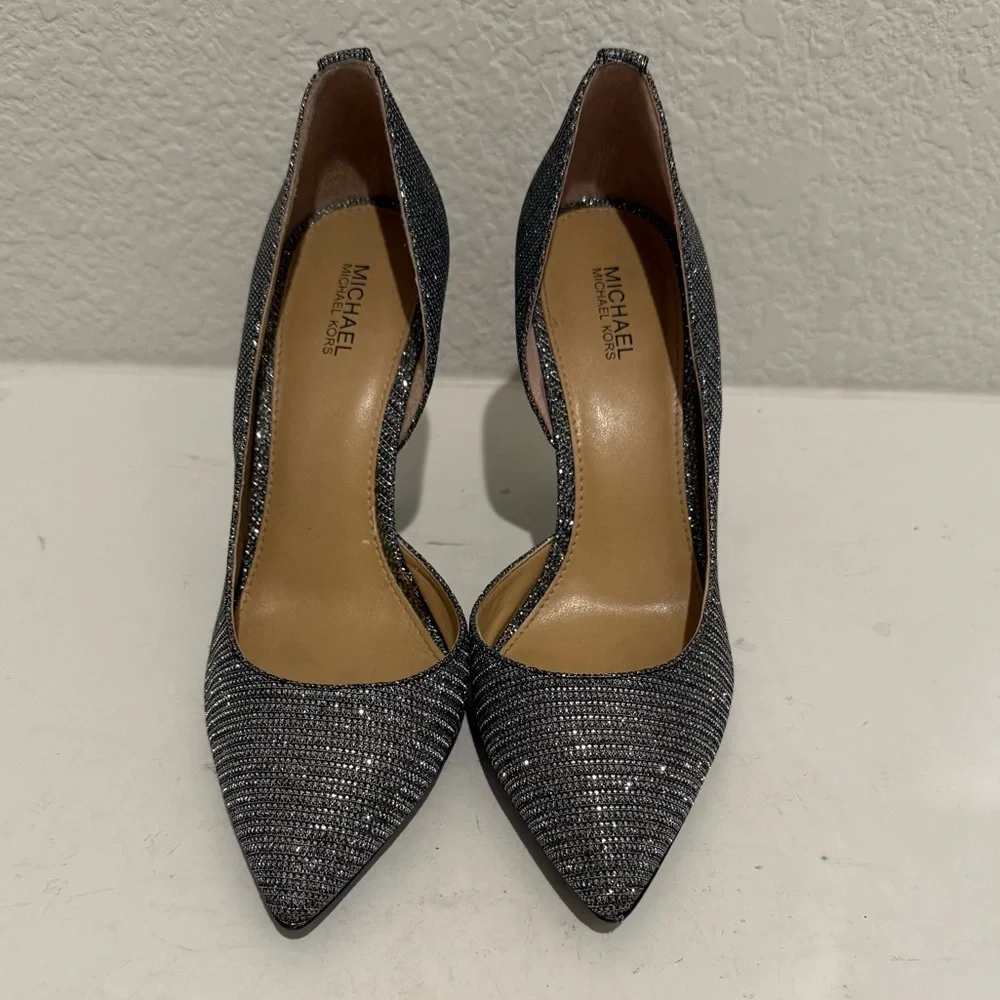 MICHAEL Michael Kors Nathalie Flex High D’Orsay Pump Heels Silver Chain Mesh 7
